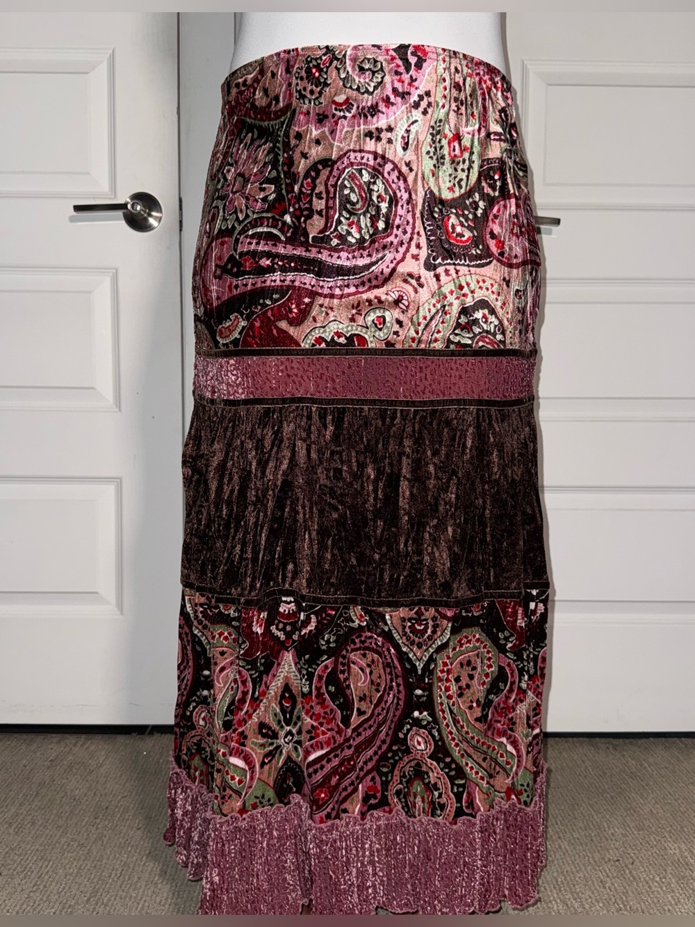 Tracy Evans Paisley Velvet Tiered Maxi Skirt